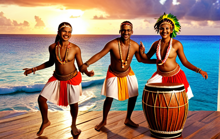 **
* **Prompt:** Sega dance, Mauritius, vibrant colors, traditional ravanne drum, smiling dancers, ocean background, sunset, joyful atmosphere, African influence.
**