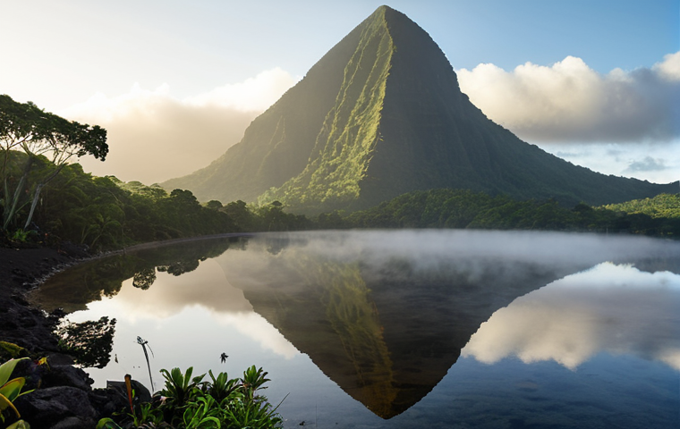 **
A misty morning view of Piton Lake atop Peter Both mountain in Mauritius. The lake reflects the surrounding rock formations and sky, creating an ethereal and mysterious atmosphere. Capture the sense of depth and hidden secrets, as if inviting the viewer to explore.
**
