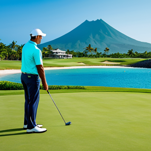 Home 23 A professional golfer, fully clothed in modest, appropriate golf attire, stands on an emerald green golf course fairway with a golf club in hand, gazing out at the vibrant turquoise Indian Ocean. Distant volcanic mountains and luxury villas subtly blend into the background under a clear blue sky. The scene captures the challenging beauty of a championship course like Île aux Cerfs, with well-placed bunkers and pristine fairways. Perfect anatomy, correct proportions, natural pose, well-formed hands, proper finger count, natural body proportions. Professional photography, high quality, realistic, safe for work, appropriate content, family-friendly.