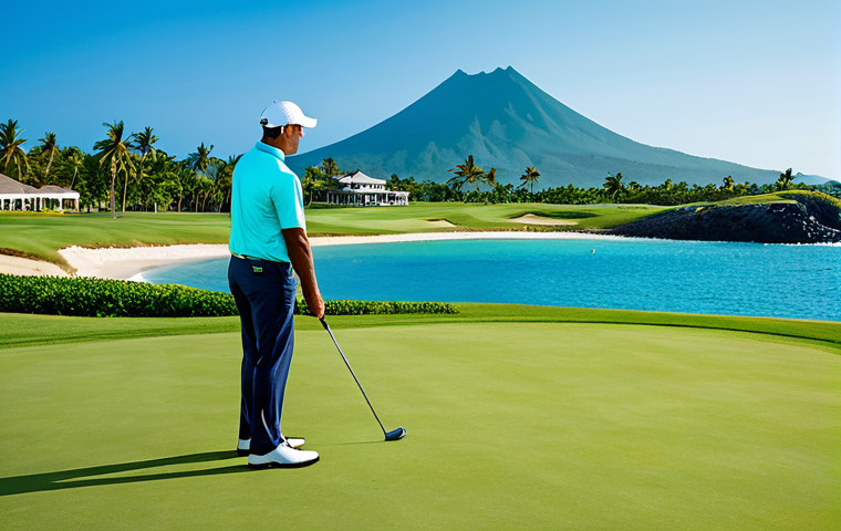 A professional golfer, fully clothed in modest, appropriate golf attire, stands on an emerald green golf course fairway with a golf club in hand, gazing out at the vibrant turquoise Indian Ocean. Distant volcanic mountains and luxury villas subtly blend into the background under a clear blue sky. The scene captures the challenging beauty of a championship course like Île aux Cerfs, with well-placed bunkers and pristine fairways. Perfect anatomy, correct proportions, natural pose, well-formed hands, proper finger count, natural body proportions. Professional photography, high quality, realistic, safe for work, appropriate content, family-friendly.
