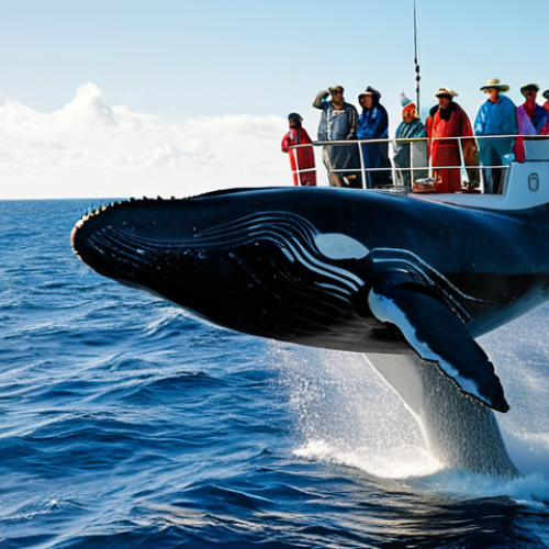 Home 9 A diverse group of individuals, fully clothed in modest and appropriate outdoor attire, including light jackets, pants, and sun hats, stands on the deck of a professional whale watching boat in the deep blue waters of the Indian Ocean off Mauritius. They are looking intently at the horizon, pointing with excited yet respectful expressions. In the mid-distance, a magnificent Sperm Whale, with perfect anatomy and natural proportions, is seen spouting water from its blowhole, creating a majestic mist against the sunny sky. The boat is modern and well-maintained. This image features well-formed hands, proper finger count, and natural body proportions, ensuring safe for work, appropriate content, and a family-friendly scene, depicted with professional photography, realistic detail, and cinematic lighting.