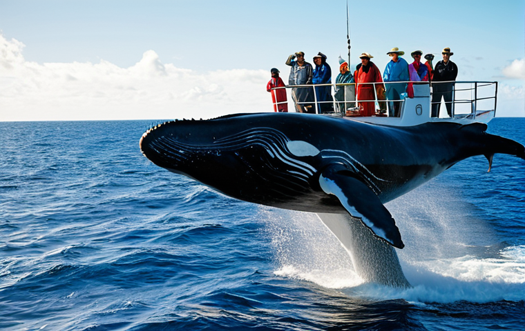 A diverse group of individuals, fully clothed in modest and appropriate outdoor attire, including light jackets, pants, and sun hats, stands on the deck of a professional whale watching boat in the deep blue waters of the Indian Ocean off Mauritius. They are looking intently at the horizon, pointing with excited yet respectful expressions. In the mid-distance, a magnificent Sperm Whale, with perfect anatomy and natural proportions, is seen spouting water from its blowhole, creating a majestic mist against the sunny sky. The boat is modern and well-maintained. This image features well-formed hands, proper finger count, and natural body proportions, ensuring safe for work, appropriate content, and a family-friendly scene, depicted with professional photography, realistic detail, and cinematic lighting.