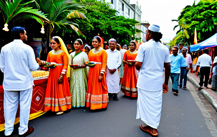 Multicultural Celebration**
"A vibrant street festival in Port Louis, Mauritius. People of diverse ethnic backgrounds are wearing traditional, fully clothed attire, celebrating a religious holiday (Diwali or Eid). Colorful decorations, food stalls with authentic Mauritian cuisine. Safe for work, appropriate content, professional photography, perfect anatomy, natural proportions, family-friendly."
**