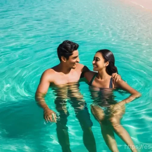 모리셔스 여행 중 로맨틱한 장소 - **Prompt:** A young, diverse couple, both wearing stylish, modest swimsuits, are gently floating in ...