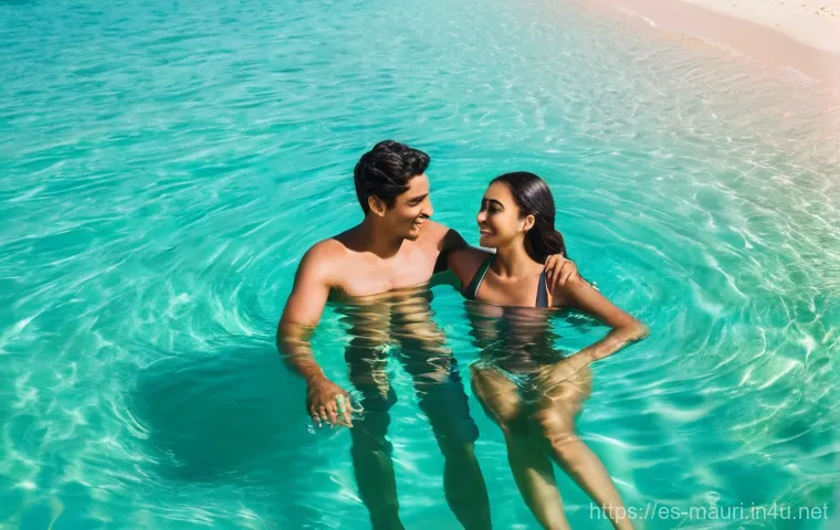 모리셔스 여행 중 로맨틱한 장소 - **Prompt:** A young, diverse couple, both wearing stylish, modest swimsuits, are gently floating in ...