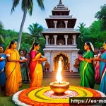 모리셔스 힌두교 축제 - A vibrant scene of a traditional Hindu festival in Mauritius during Divali, showcasing families dres...