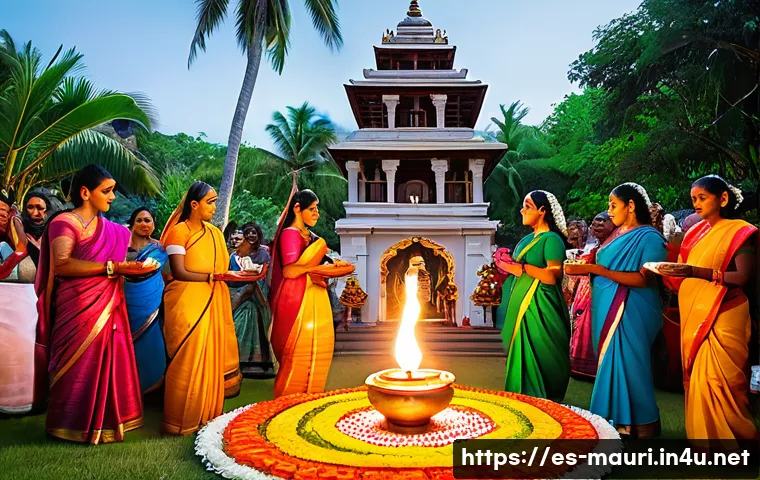 모리셔스 힌두교 축제 - A vibrant scene of a traditional Hindu festival in Mauritius during Divali, showcasing families dres...