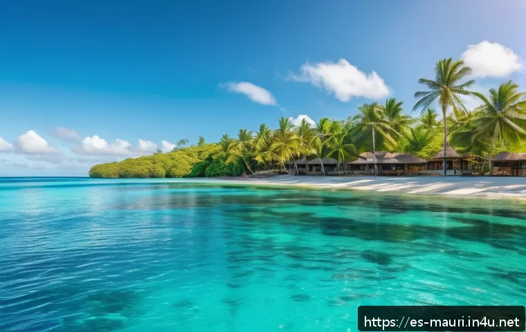 모리셔스 크루즈 여행 일정 - A luxurious cruise ship anchored near a secluded white sandy beach in Mauritius, surrounded by cryst...