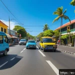 모리셔스 교통법규 - A detailed street scene in Mauritius showing vehicles driving on the left side of the road, with cle...