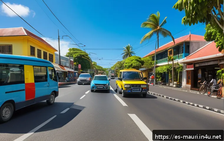 모리셔스 교통법규 - A detailed street scene in Mauritius showing vehicles driving on the left side of the road, with cle...
