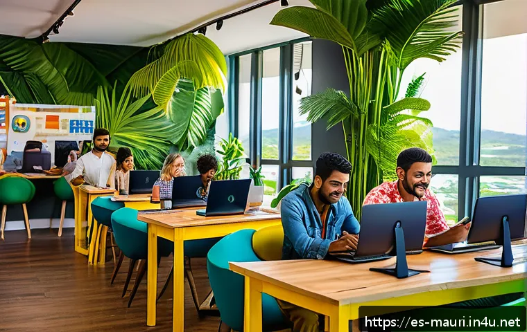 모리셔스 일 오 세르프 - A vibrant, modern co-working space in Mauritius filled with diverse young professionals collaboratin...