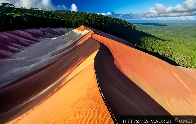 Home 17 모리셔스 차마렐 7색 대지 - Photorealistic wide landscape of the Seven Colored Earths in Chamarel, Mauritius, showing smooth rol...