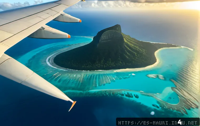 모리셔스 비행기 직항 - Photorealistic wide-body passenger airplane flying directly over the turquoise lagoon and coral reef...