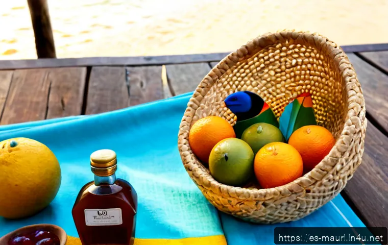 모리셔스 기념품 추천 - Photorealistic travel souvenir flat lay from Mauritius, handcrafted woven straw basket filled with a...