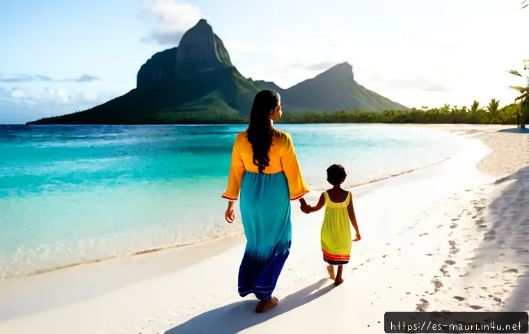 모리셔스 가족 여행 추천 - Photorealistic family vacation in Mauritius, Spanish-speaking parents with two school-age children w...