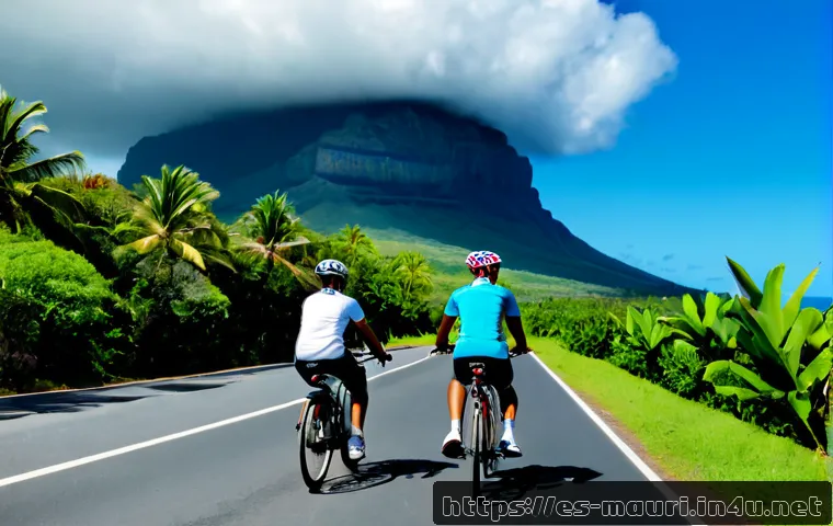 Home 17 모리셔스 자전거 여행 코스 - Photorealistic wide-angle travel scene of two adult cyclists riding along the coastal road near Le M...